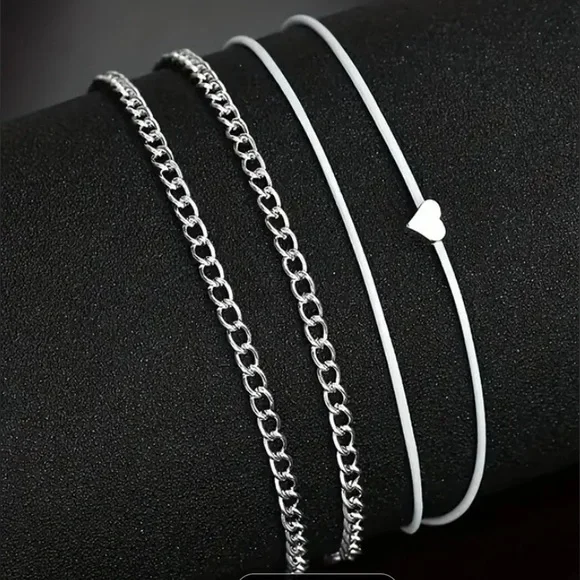 Layered Wrap Around Heart Anklet Silver Tone White NEW - Picture 2 of 8